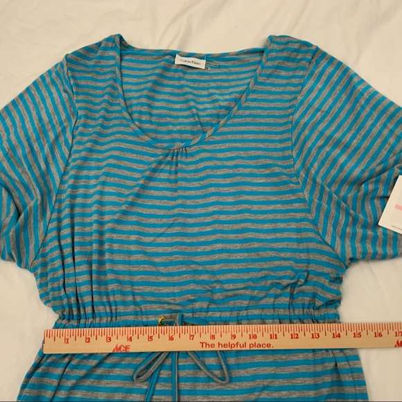 Calvin Klein Blue Gray Striped Drawstring Waist Knit Dress Sz 10 Stretch - Picture 9 of 11